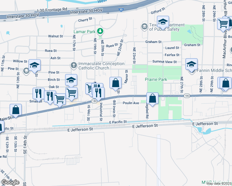 map of restaurants, bars, coffee shops, grocery stores, and more near 2122 East Main Street in Grand Prairie