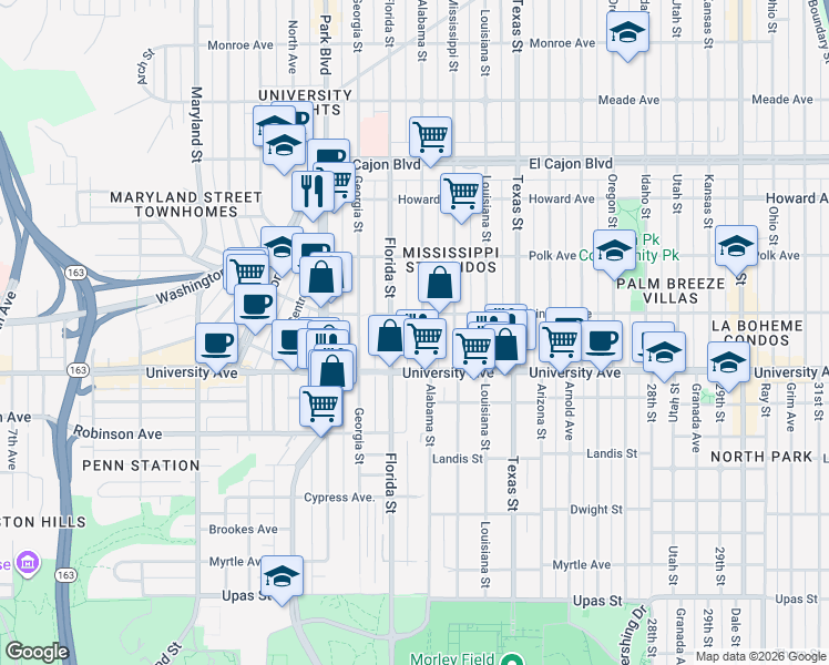 map of restaurants, bars, coffee shops, grocery stores, and more near 3945 Alabama Street in San Diego