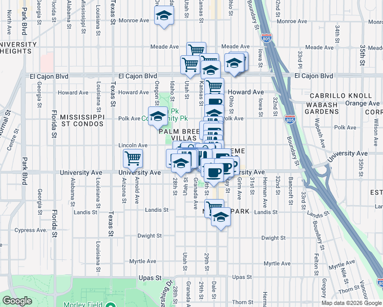 map of restaurants, bars, coffee shops, grocery stores, and more near 3967 Utah Street in San Diego