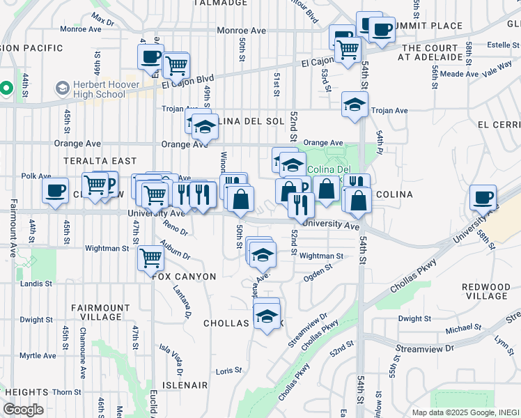 map of restaurants, bars, coffee shops, grocery stores, and more near 4025 Oakcrest Drive in San Diego
