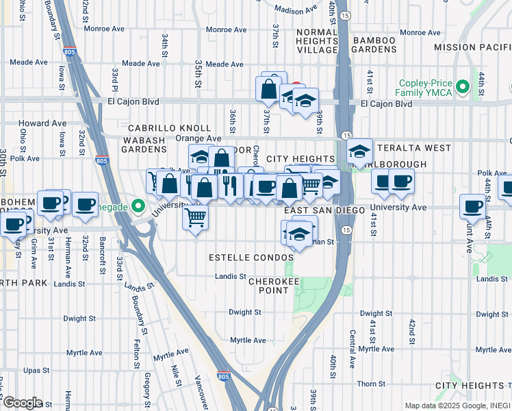 map of restaurants, bars, coffee shops, grocery stores, and more near Cherokee Avenue in San Diego
