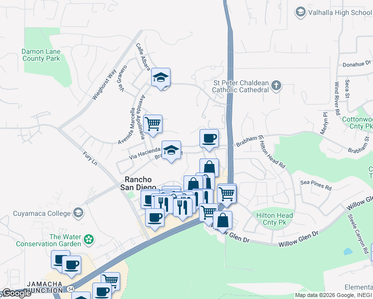 map of restaurants, bars, coffee shops, grocery stores, and more near 12209 Via Hacienda in El Cajon