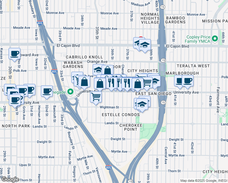 map of restaurants, bars, coffee shops, grocery stores, and more near University Avenue & 36th Street in San Diego