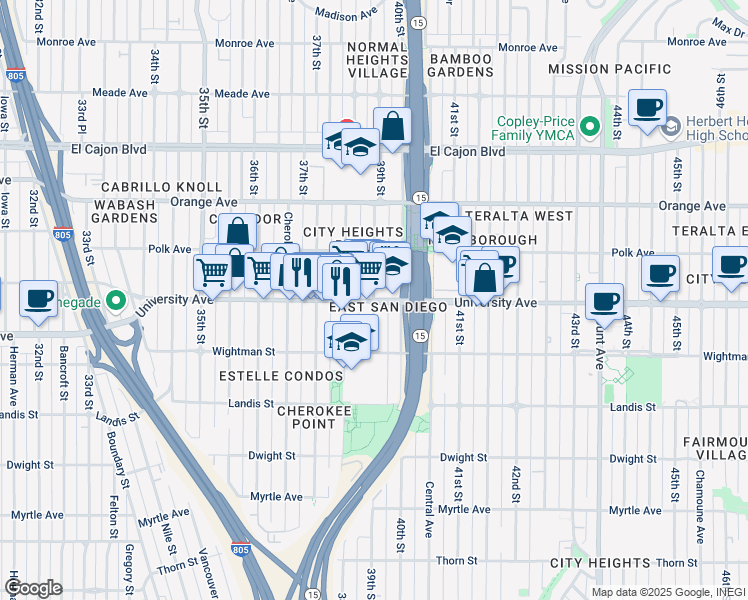 map of restaurants, bars, coffee shops, grocery stores, and more near University Ave & 39th St in San Diego