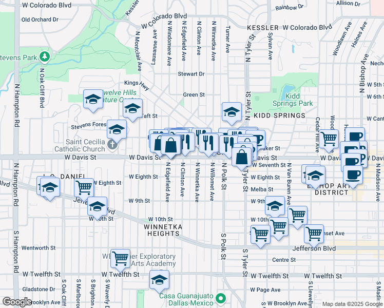 map of restaurants, bars, coffee shops, grocery stores, and more near 1205 West Davis Street in Dallas