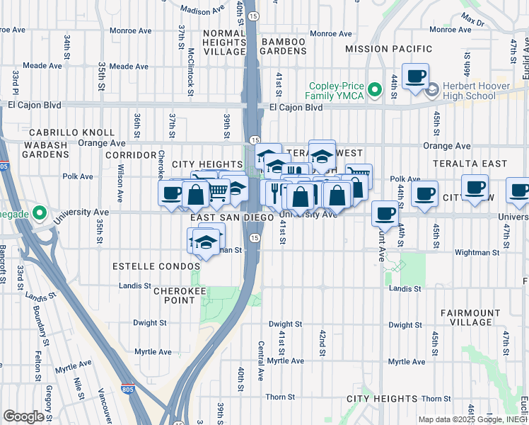 map of restaurants, bars, coffee shops, grocery stores, and more near 4050 University Avenue in San Diego