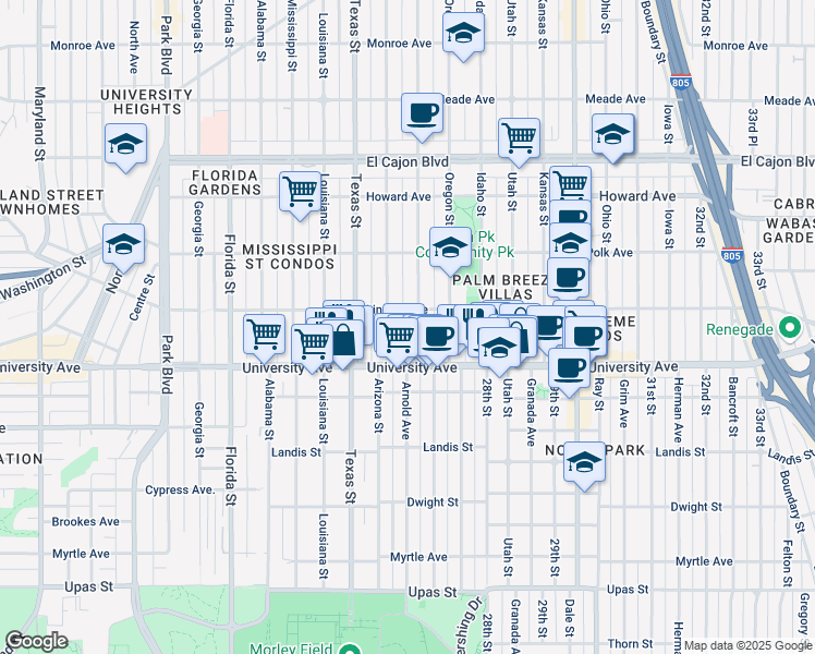 map of restaurants, bars, coffee shops, grocery stores, and more near 3962 Hamilton Street in San Diego