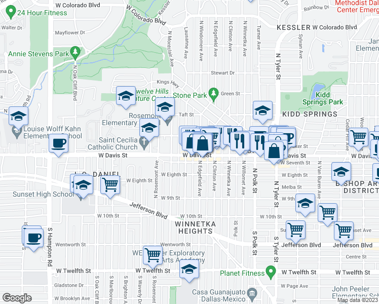 map of restaurants, bars, coffee shops, grocery stores, and more near 1417 West Davis Street in Dallas