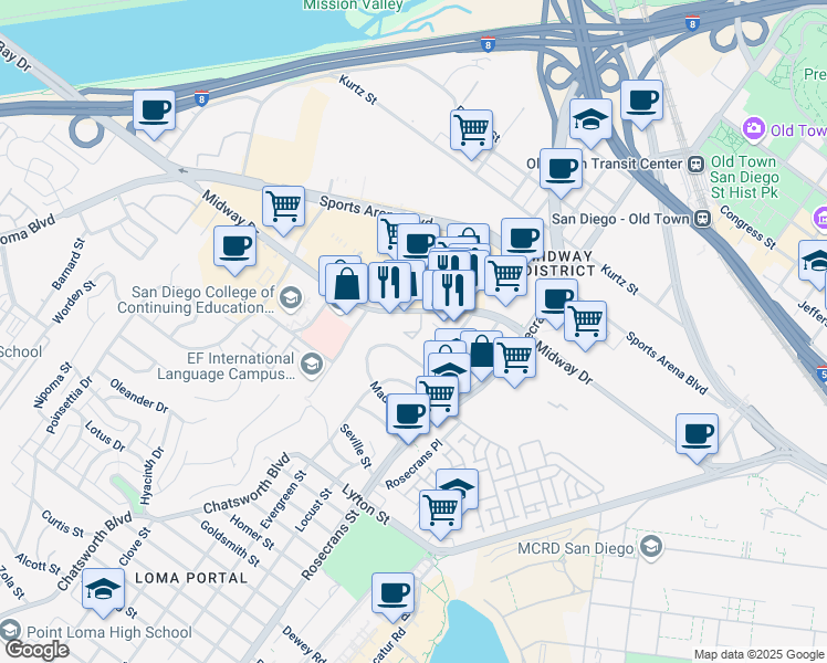 map of restaurants, bars, coffee shops, grocery stores, and more near in San Diego