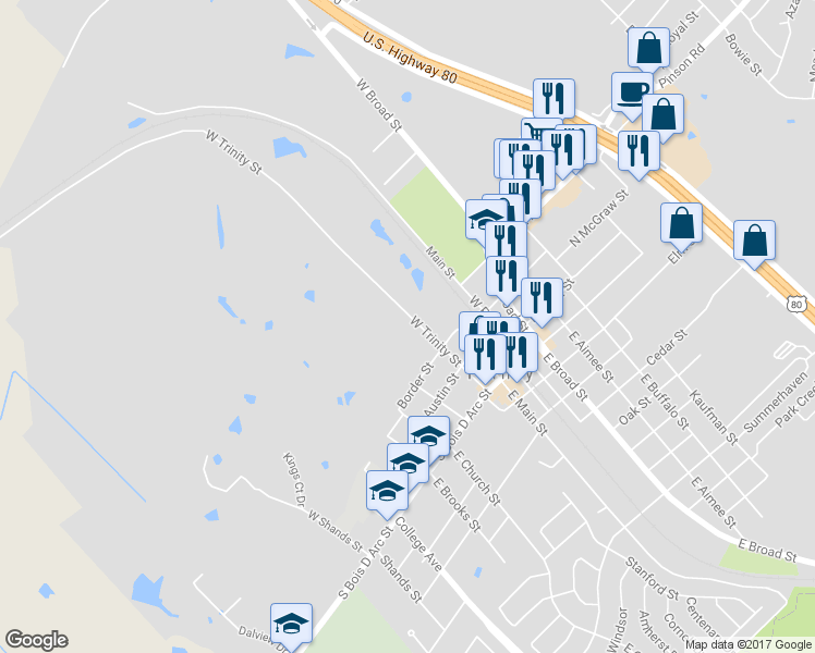 map of restaurants, bars, coffee shops, grocery stores, and more near 311 West Trinity Street in Forney