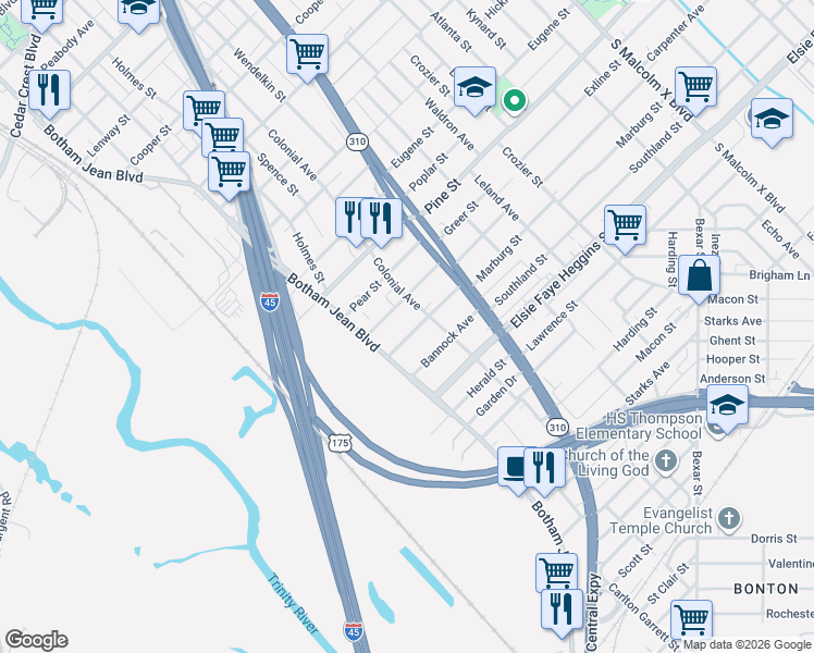 map of restaurants, bars, coffee shops, grocery stores, and more near 1623 Marburg Street in Dallas