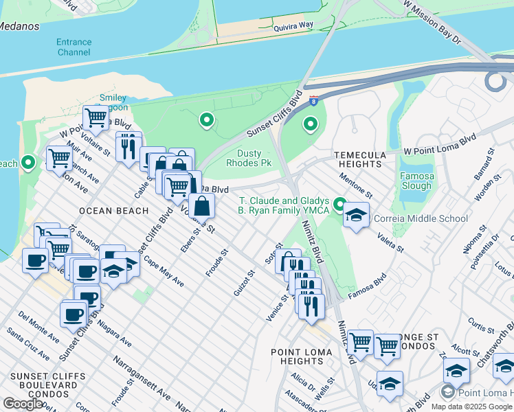 map of restaurants, bars, coffee shops, grocery stores, and more near 4614 Larkspur Street in San Diego