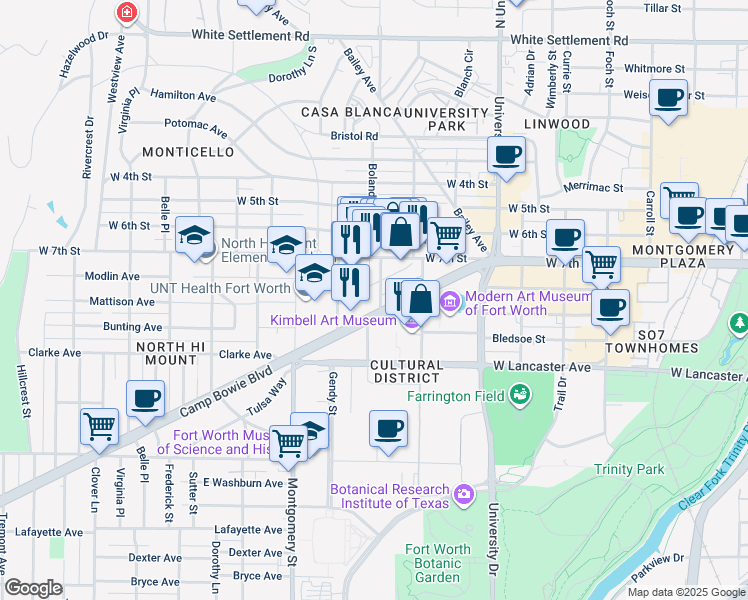 map of restaurants, bars, coffee shops, grocery stores, and more near 3432 Camp Bowie Boulevard in Fort Worth