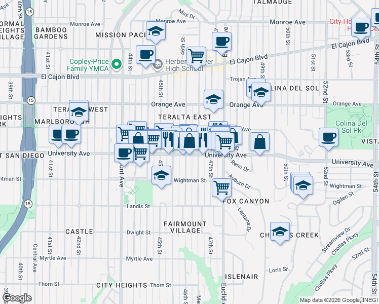map of restaurants, bars, coffee shops, grocery stores, and more near 4604 University Avenue in San Diego