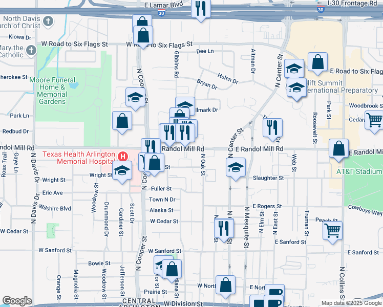 map of restaurants, bars, coffee shops, grocery stores, and more near 404 West Randol Mill Road in Arlington