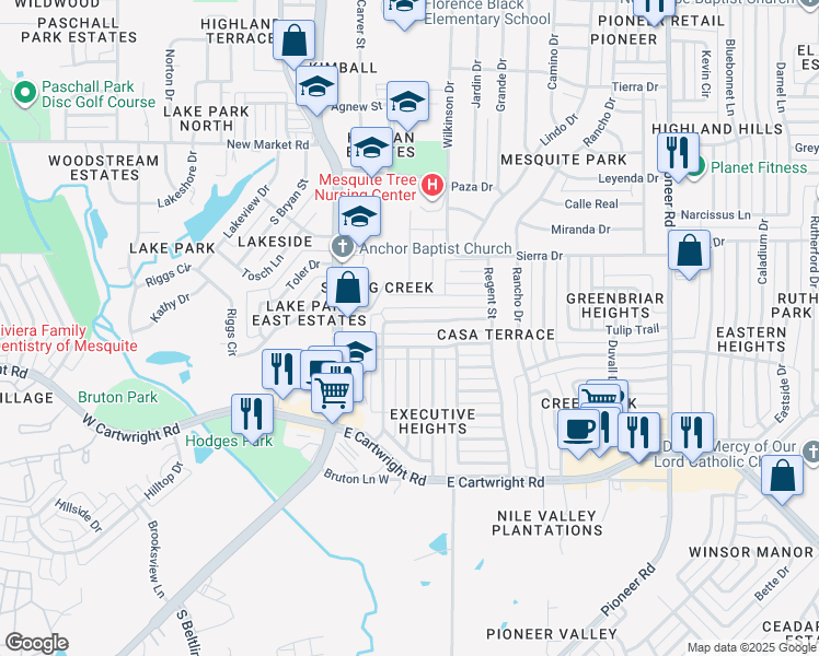 map of restaurants, bars, coffee shops, grocery stores, and more near 215 Running Brook Lane in Mesquite