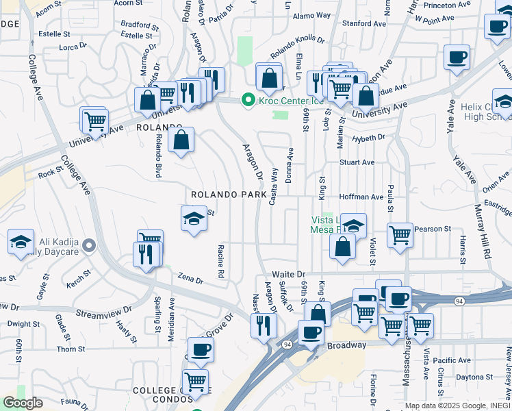 map of restaurants, bars, coffee shops, grocery stores, and more near 3956 Aragon Drive in San Diego