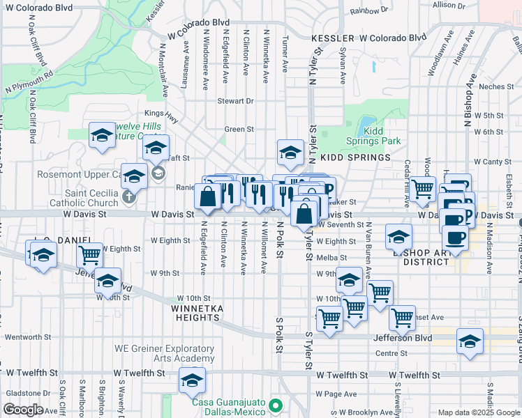 map of restaurants, bars, coffee shops, grocery stores, and more near 1003 West Davis Street in Dallas
