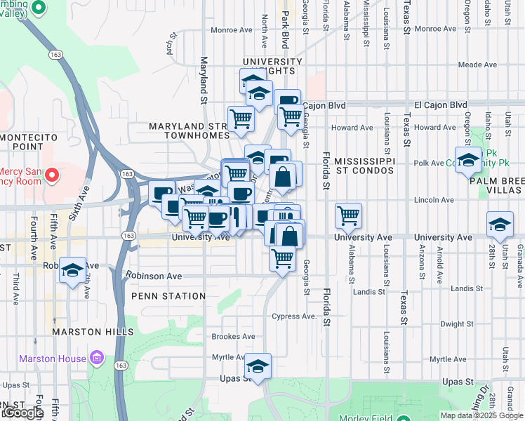map of restaurants, bars, coffee shops, grocery stores, and more near 3952 Park Boulevard in San Diego
