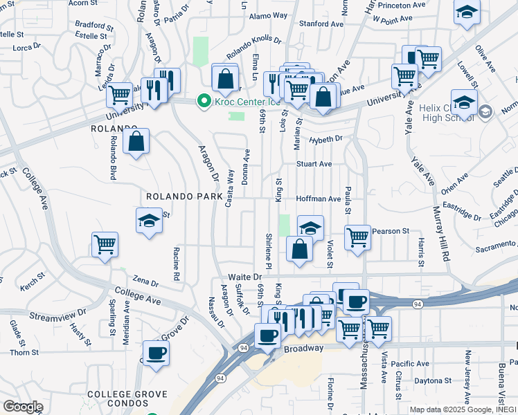 map of restaurants, bars, coffee shops, grocery stores, and more near 3973 69th Street in San Diego