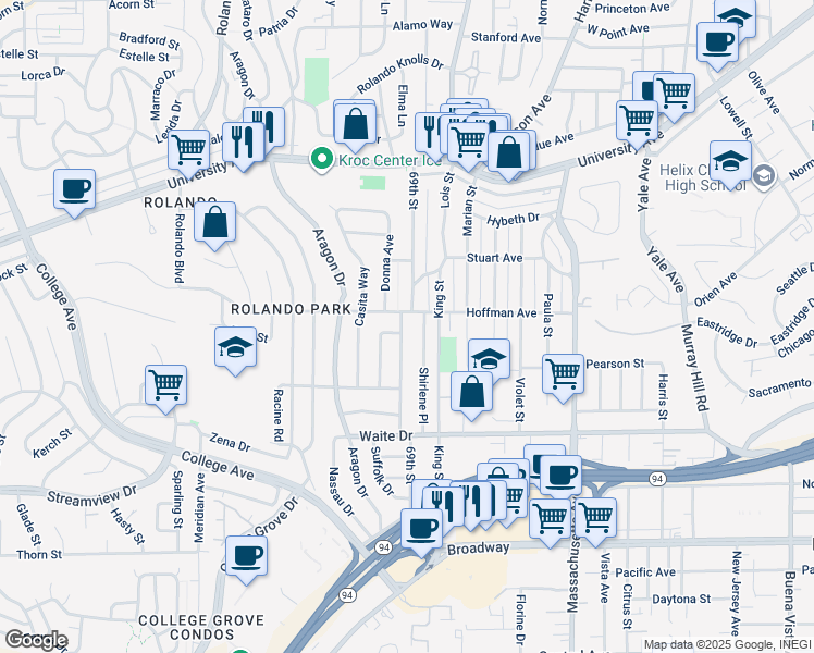 map of restaurants, bars, coffee shops, grocery stores, and more near 3973 69th Street in San Diego