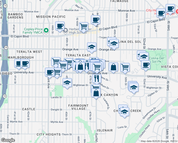 map of restaurants, bars, coffee shops, grocery stores, and more near 4672-76 University Avenue in San Diego