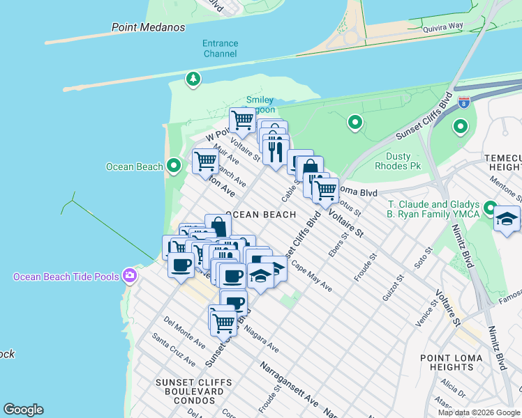 map of restaurants, bars, coffee shops, grocery stores, and more near in San Diego
