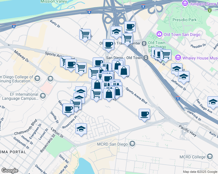 map of restaurants, bars, coffee shops, grocery stores, and more near 2804 Midway Drive in San Diego