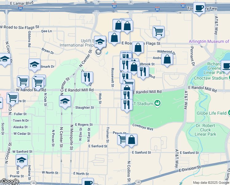 map of restaurants, bars, coffee shops, grocery stores, and more near 10 Lebeaux Lane in Arlington