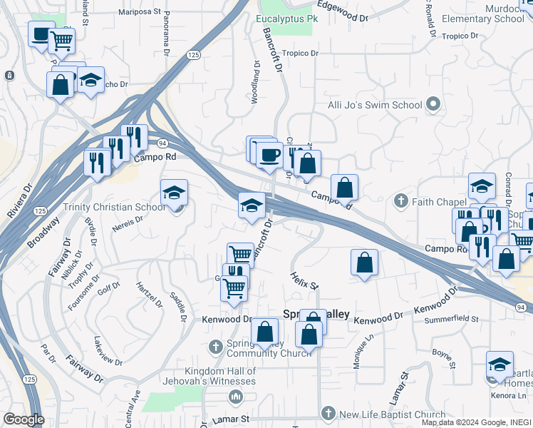 map of restaurants, bars, coffee shops, grocery stores, and more near 3875 Bancroft Drive in Spring Valley