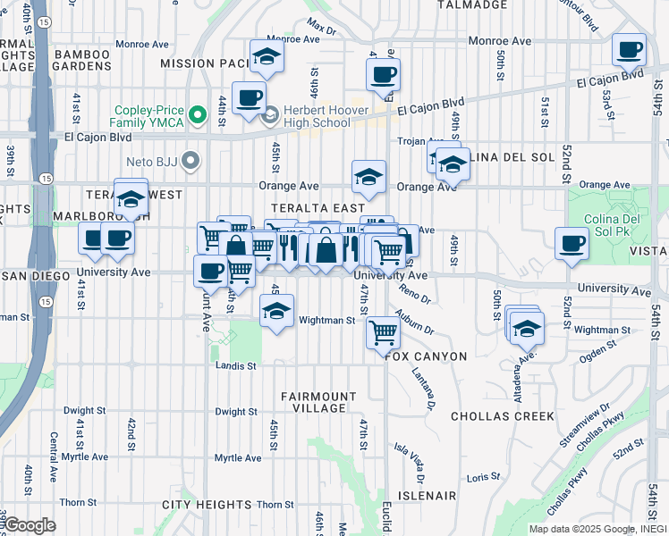 map of restaurants, bars, coffee shops, grocery stores, and more near 4647 University Avenue in San Diego