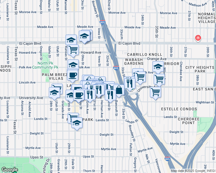 map of restaurants, bars, coffee shops, grocery stores, and more near 3954 Bancroft Street in San Diego