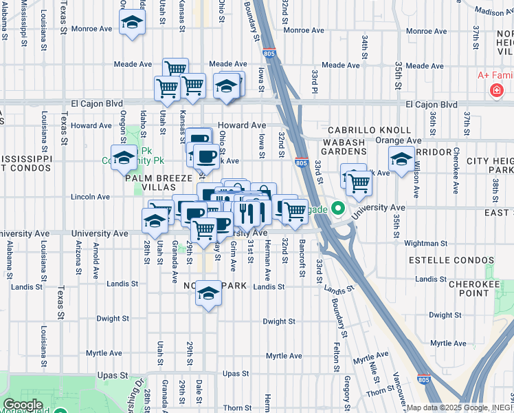 map of restaurants, bars, coffee shops, grocery stores, and more near 3955 Illinois Street in San Diego