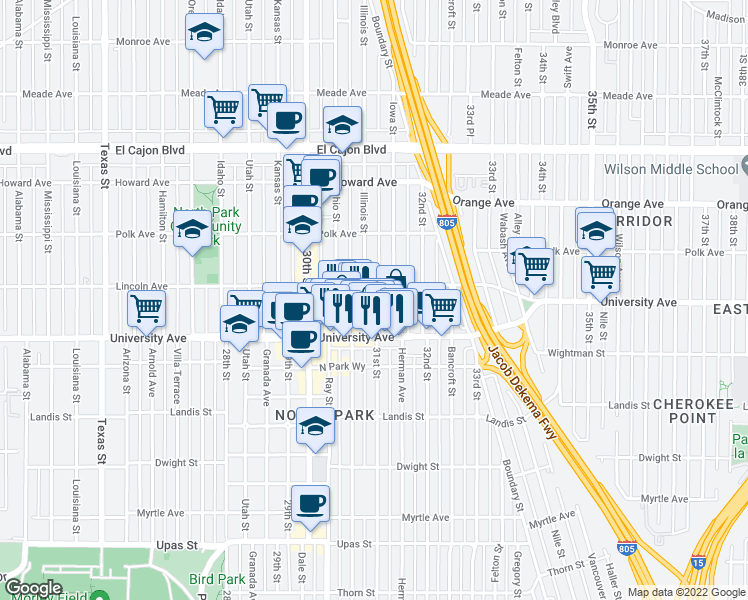 map of restaurants, bars, coffee shops, grocery stores, and more near 3955 Illinois Street in San Diego