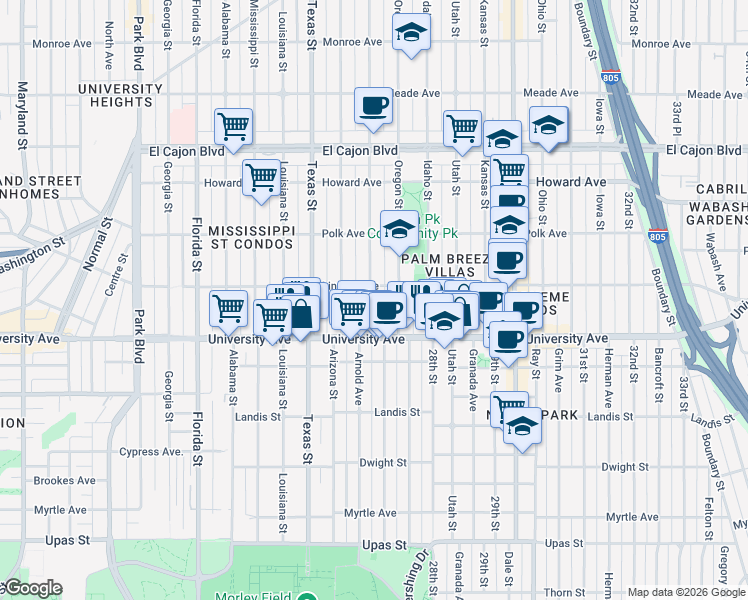 map of restaurants, bars, coffee shops, grocery stores, and more near 3952 Hamilton Street in San Diego