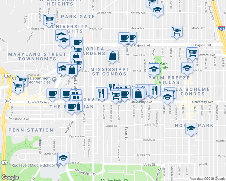 map of restaurants, bars, coffee shops, grocery stores, and more near 3948 1/2 Mississippi Street in San Diego