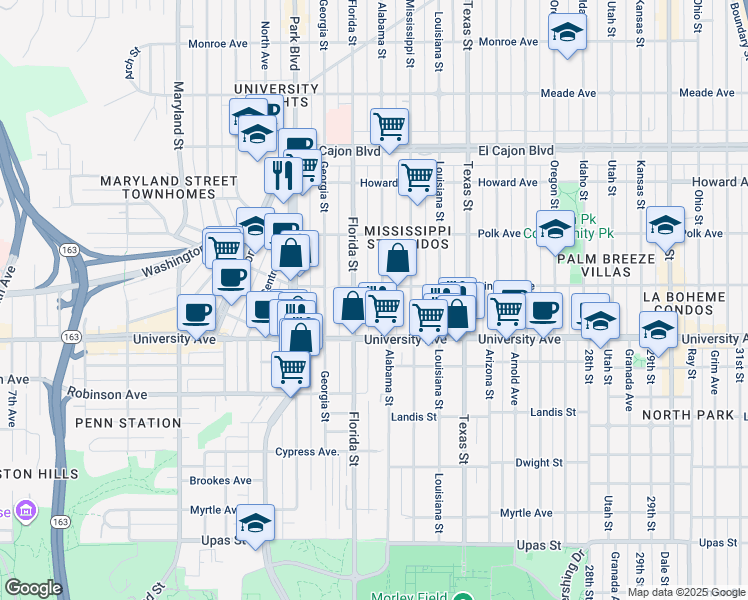 map of restaurants, bars, coffee shops, grocery stores, and more near 3945 Alabama Street in San Diego