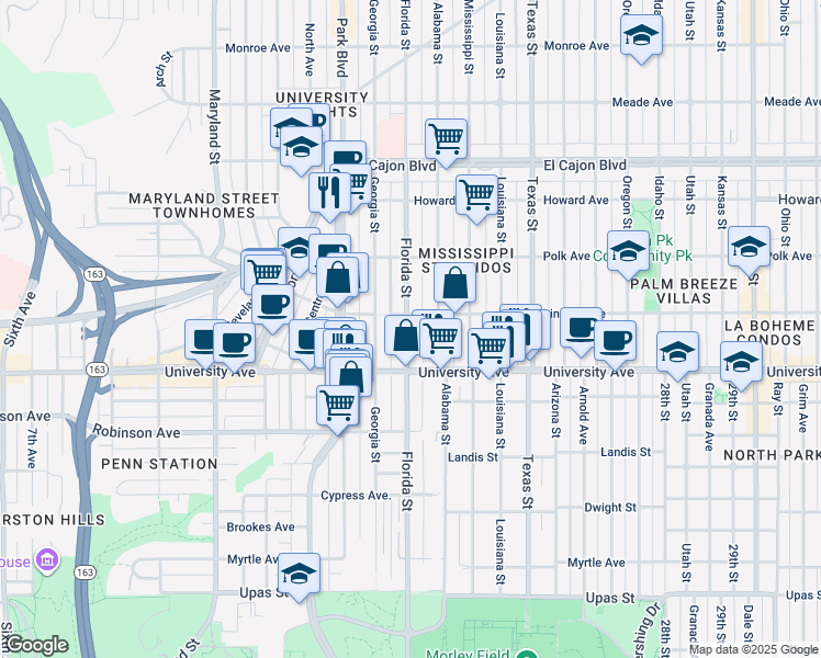 map of restaurants, bars, coffee shops, grocery stores, and more near 3948 Florida Street in San Diego