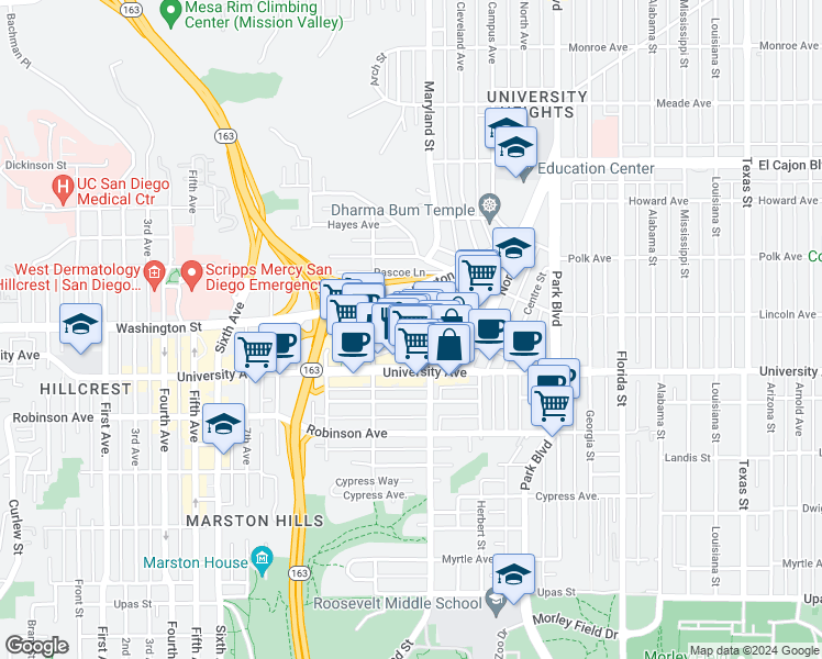 map of restaurants, bars, coffee shops, grocery stores, and more near in San Diego