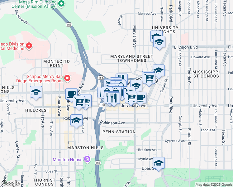 map of restaurants, bars, coffee shops, grocery stores, and more near 1030 University Avenue in San Diego