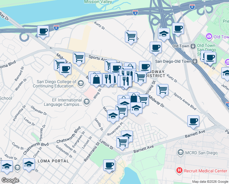 map of restaurants, bars, coffee shops, grocery stores, and more near 3175 Cauby Street in San Diego