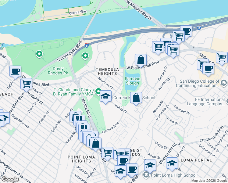 map of restaurants, bars, coffee shops, grocery stores, and more near 2616 Camulos Street in San Diego