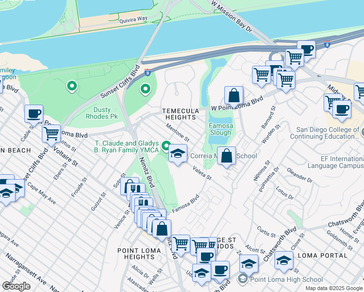 map of restaurants, bars, coffee shops, grocery stores, and more near 2616 Camulos Street in San Diego