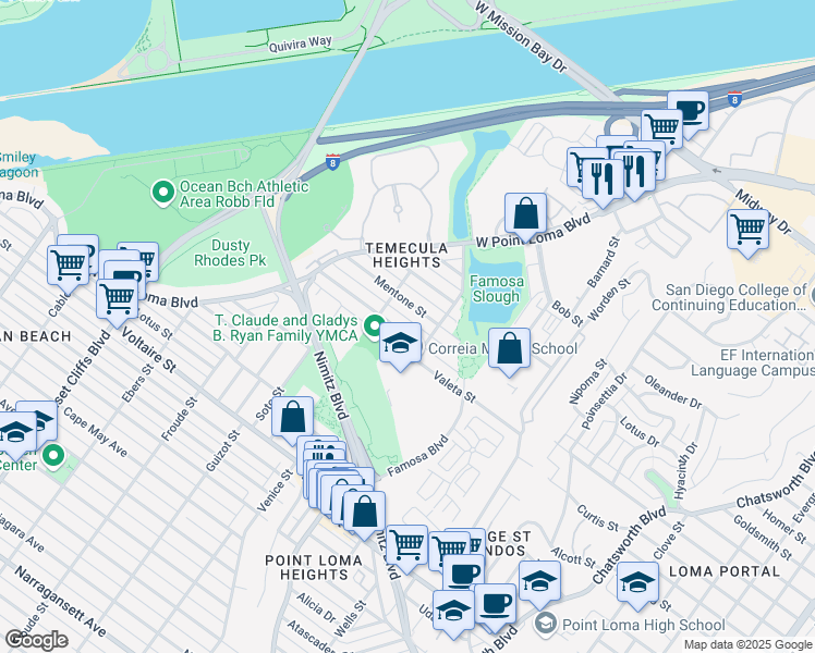 map of restaurants, bars, coffee shops, grocery stores, and more near 2616 Camulos Street in San Diego