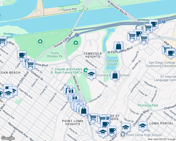 map of restaurants, bars, coffee shops, grocery stores, and more near 4390 Valeta Street in San Diego