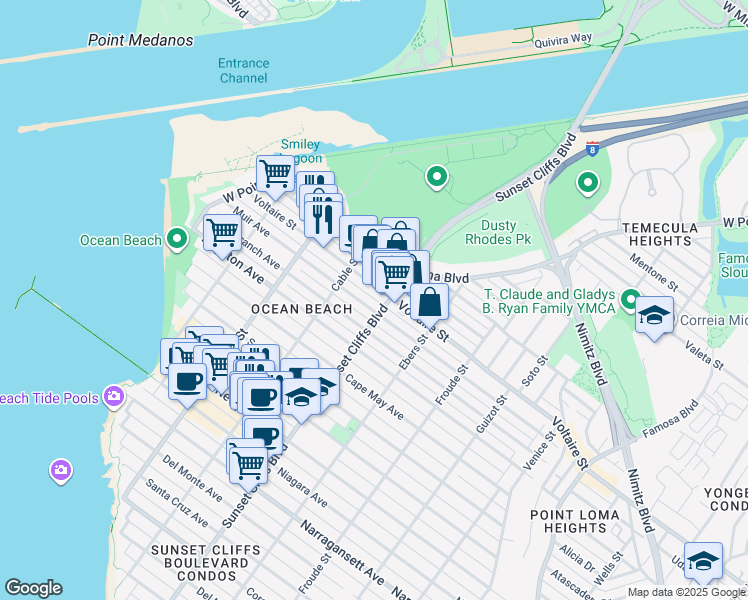 map of restaurants, bars, coffee shops, grocery stores, and more near 4839 Muir Avenue in San Diego
