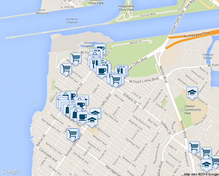 map of restaurants, bars, coffee shops, grocery stores, and more near 4839 Muir Avenue in San Diego