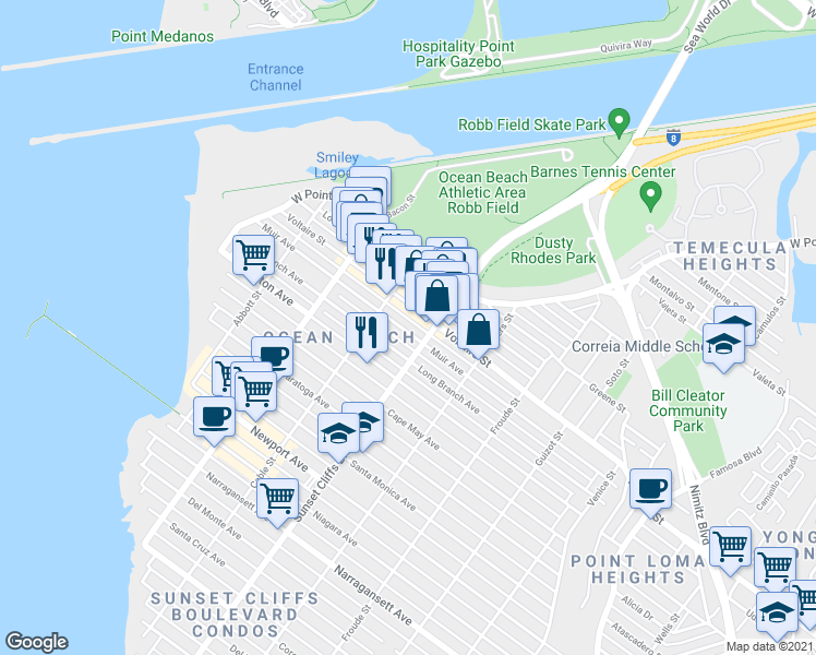 map of restaurants, bars, coffee shops, grocery stores, and more near 4839 Muir Avenue in San Diego