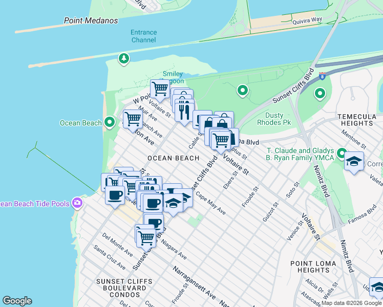 map of restaurants, bars, coffee shops, grocery stores, and more near 2121 Cable Street in San Diego