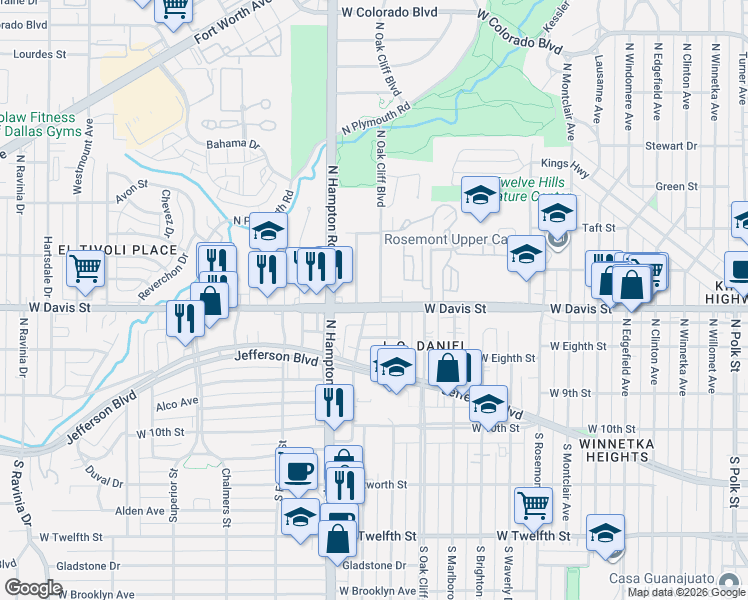map of restaurants, bars, coffee shops, grocery stores, and more near 2214 West Davis Street in Dallas